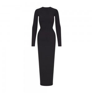 Onyx Black Skims Fits Everybody Crew Neck Long Sleeve Women's Dress | 46015-BCIJ