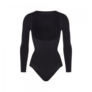 Onyx Black Skims Seamless Sculpt Long Sleeve Open Bust Brief Women's Bodysuit | 46280-ZEDP