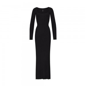 Onyx Black Skims Soft Lounge Petite Long Sleeve Women's Dress | 74058-HKDV