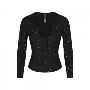 Print Black Skims Soft Lounge Tie Front Top Women's Long Sleeve | 78531-GCMW
