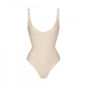 Sand Beige Skims Body Unlined Plunge Thong Women's Bodysuit | 78294-GJAV
