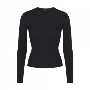 Soot Black Skims Cotton Rib Women's Long Sleeves T-Shirt | 04126-HKQY