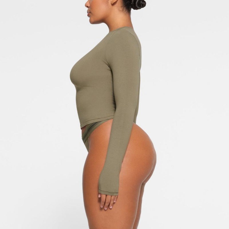 Army Green Skims Cotton Jersey Women's Long Sleeves T-Shirt | 12954-VMWO