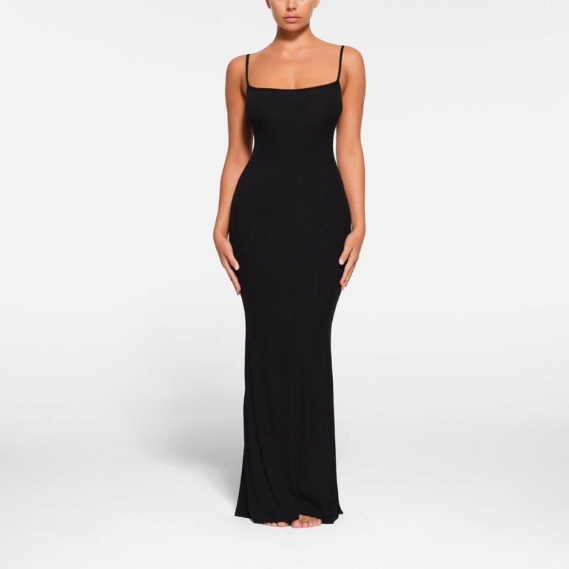Onyx Black Skims Soft Lounge Petite Long Slip Women's Dress | 46297-TFSE