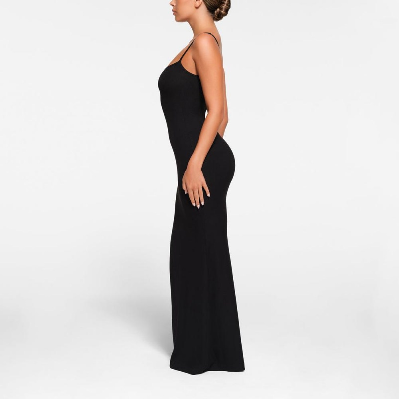 Onyx Black Skims Soft Lounge Petite Long Slip Women's Dress | 46297-TFSE