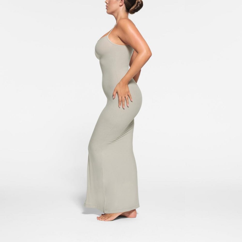 Talc Grey Skims Soft Lounge Long Slip Women's Dress | 12908-VDXN